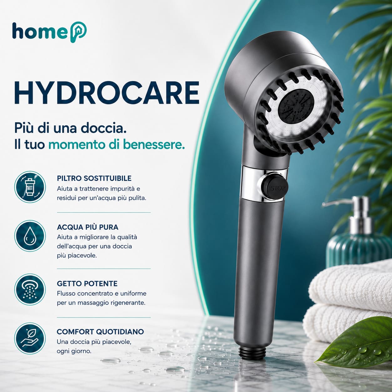 HydroCare™ — Soffione Doccia con Filtro Anticalcare